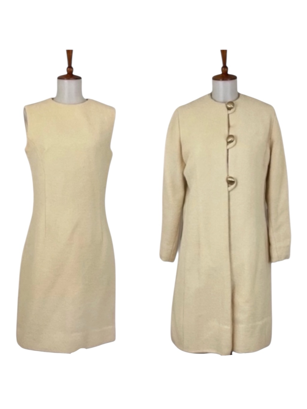 Vintage Cream Set Women’s M Sleeveless Mod Dress Over Coat Chic Retro Classic